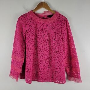 New J.Crew Floral Lace Tulle Ruffle Trim Long Sleeve Barbie Pink Blouse